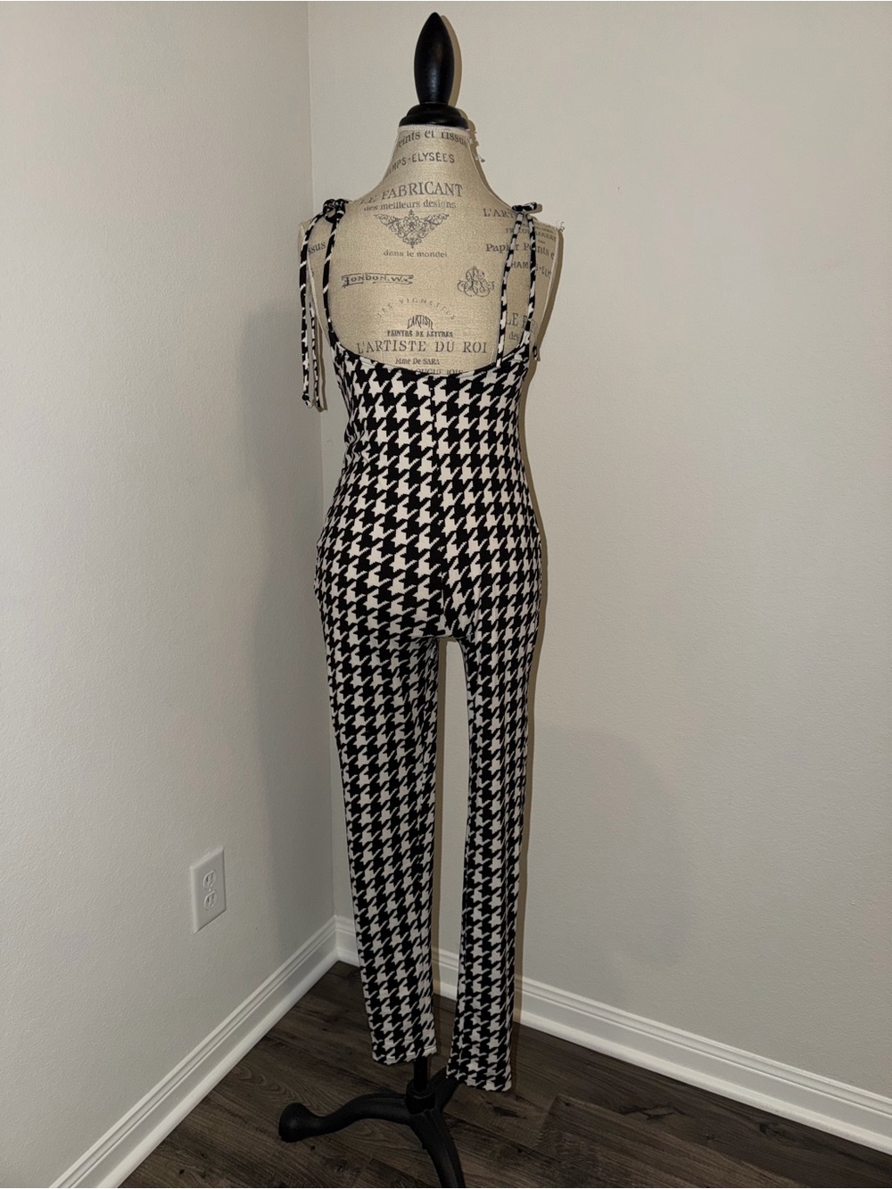 Houndstooth Tie-Shoulder Jumpsuit